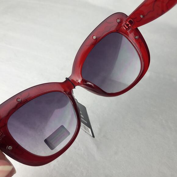 Statement Floral Embellished Cat-Eye Sunglasses Black Frame Red Gold Accents - Picture 6 of 10